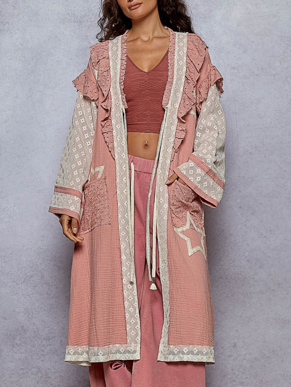 NWT POL Bohemian Dusty Pink Star Patch Long Duster Kimono S M L